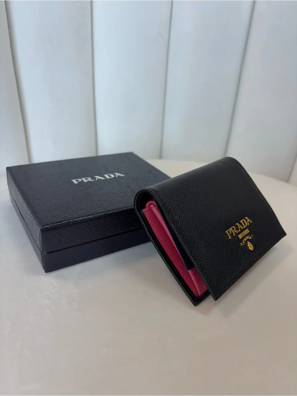 Prada Black Saffiano Leather Card Holder with Gold Logo